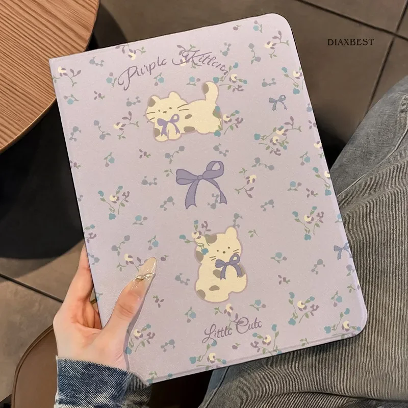 

Чехол для iPad с дизайном в виде книги с фиолетовыми цветами и кошкой - для iPad 11, 9, 10 Pro, Air 7, 6, 5, 4, 9, 8 (A16) - Ударопрочный чехол с отсеком для карандаша
