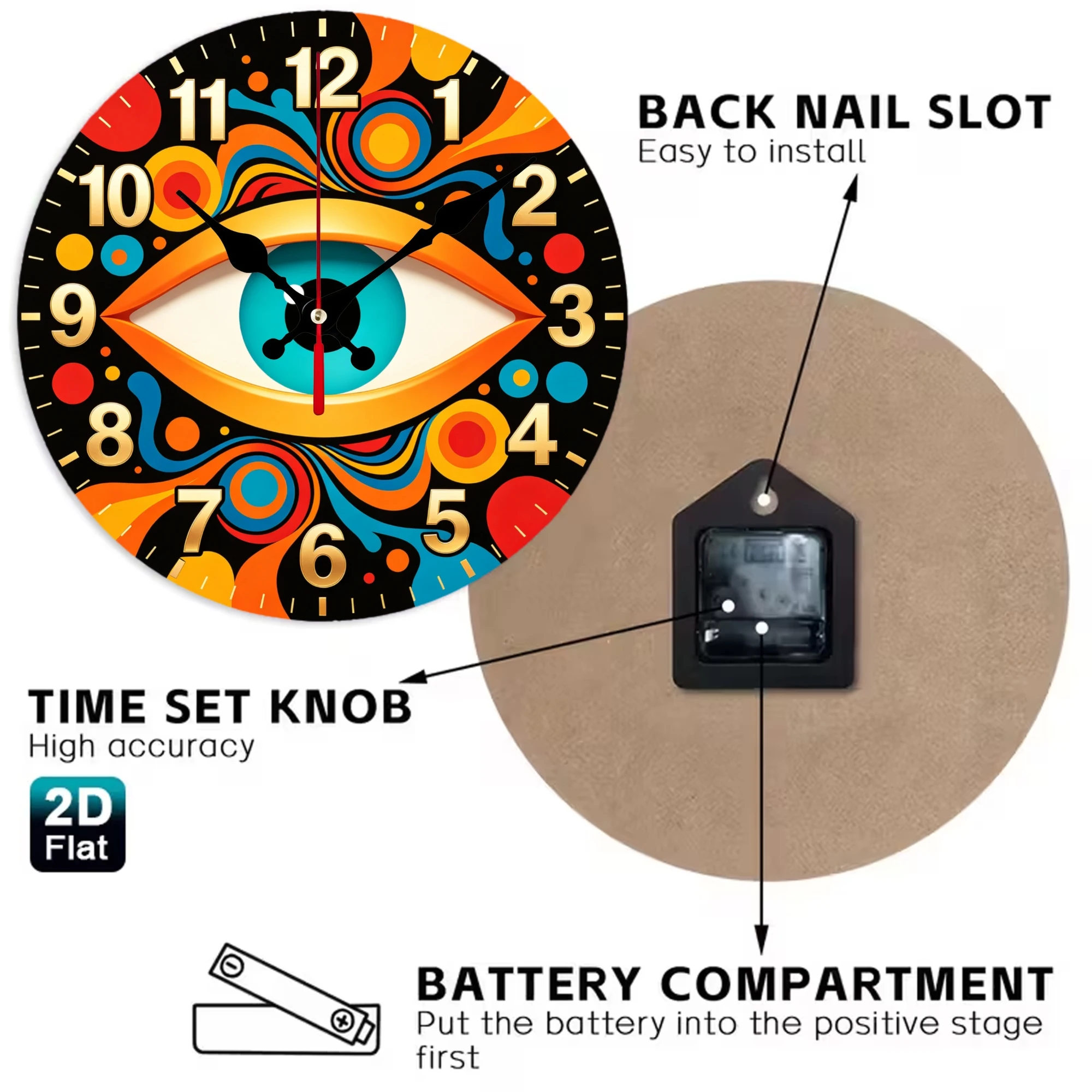 Psychedelic Groovy 70s Abstract Eye Wooden Wall Clock, 10/12 Inch Round Wood Clock, Silent Non Ticking Quartz Movement, Vibrant Orange Blue Swirl Printed Home Decor