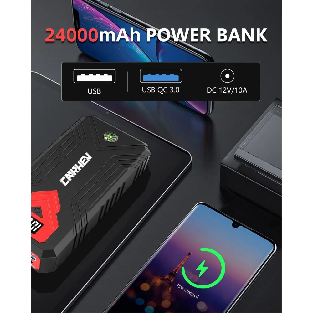 3000A Jump Starter، 24000mAh بطارية السيارة Jump Starter (حتى 8.0L الغاز ومحرك الديزل 8.0L) بطارية البلوز المحمولة، 1