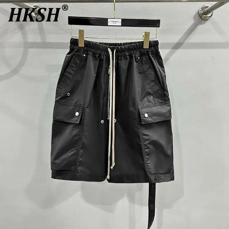 HKSH Men's Tide Punk Spring Summer New Dark Multi Pocket Zipper Design Loose High Street Work Shorts Elastic Waist Capris HK1049