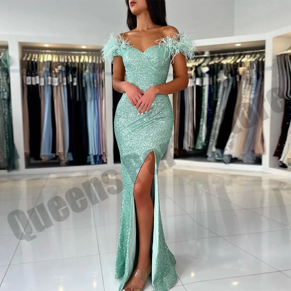 

Sequined Mermaid Evening Dress Special Occasion Gown Feathers Off The Shoulder Side Split Prom Dresses Pageant Bridesmaid