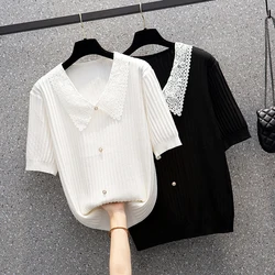 New Pullover Sweater Women Loose lattice leisure shirt collar splicing Short sleeves Knitted Sweater Female women's clothing