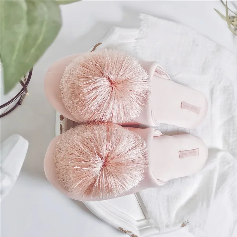 High Quality Elegant Silk Fringe Ball Pink Comfortable Home Slippers Breathable Indoor Mute Non-slip House Shoes Women Slides