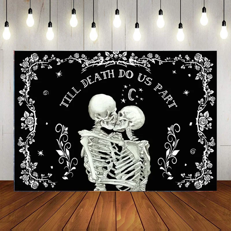 Halloween Till Death Do Us Part Photography Bridal Groom Spooky Backdrop Skeleton Anniversary Party Background Decor Banner