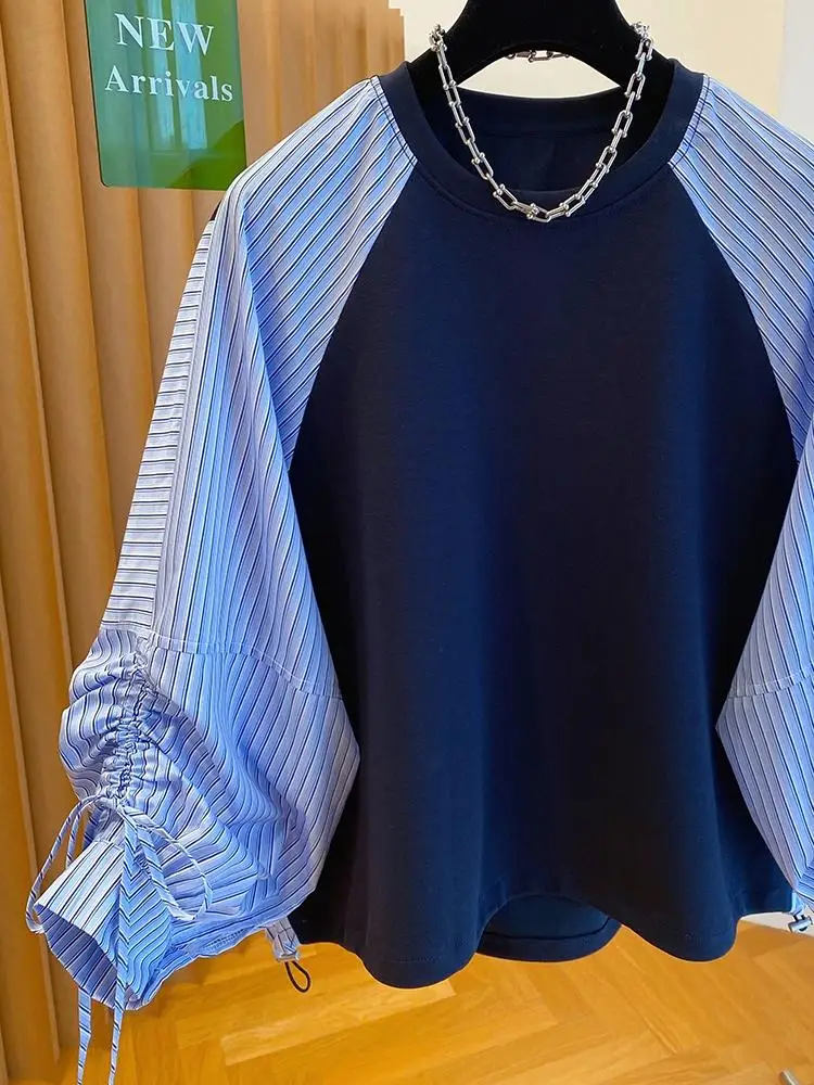 Camicia a righe firmate autunno 2025 Felpa con cappuccio con giunture a contrasto Camicetta da donna in stile pigro Top patchwork alla moda