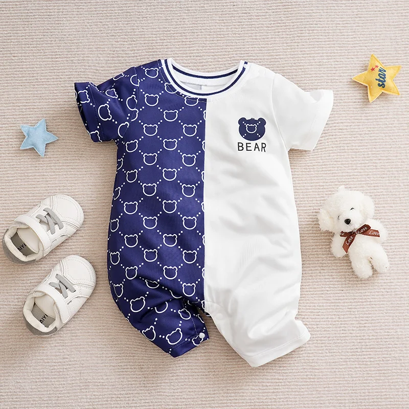 Newborn Clothes Cute Cartoon Patchwork Teddy Bear Comfortable And Soft Summer Boys And Girls 0-18 Short Sleeved Baby Jumpsuit