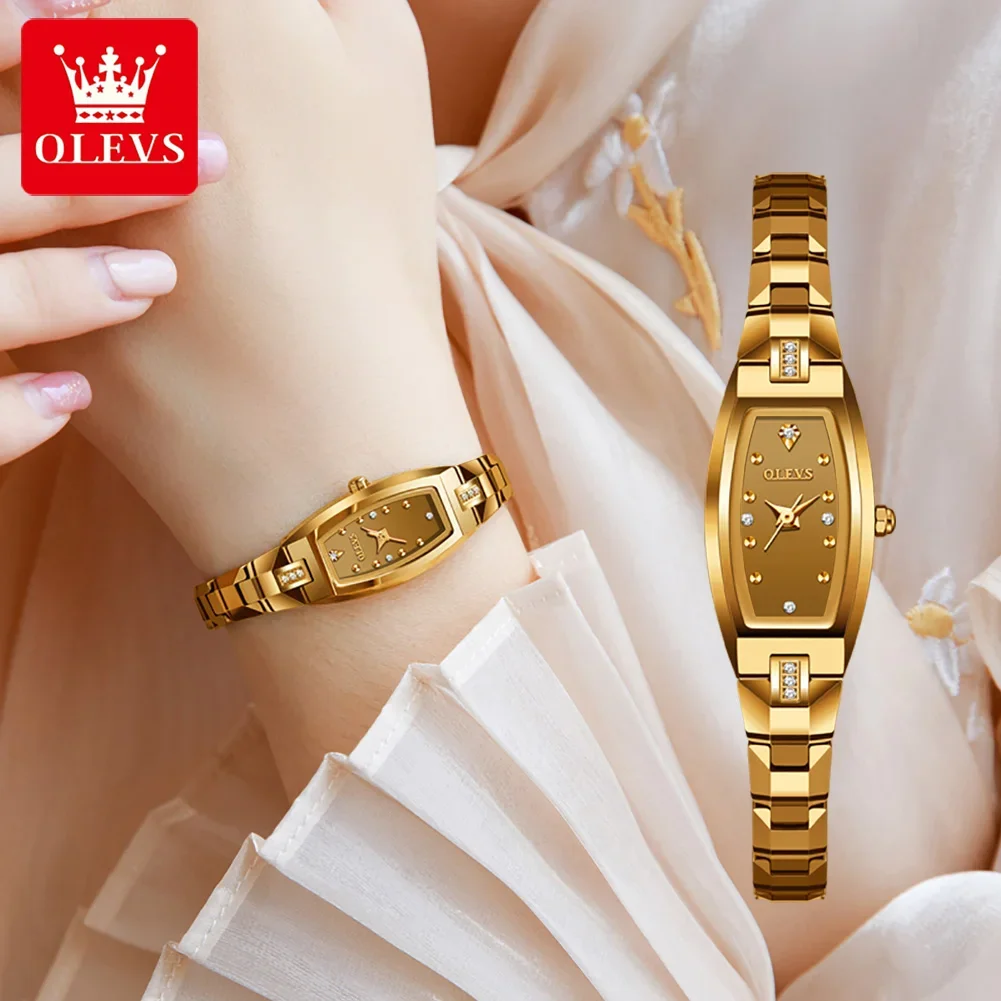 OLEVS Original Imported Quartz Tungsten Steel Watch for Women Luxury Gold Fashion Elegant Diamond Waterproof Ladies Wristwatch