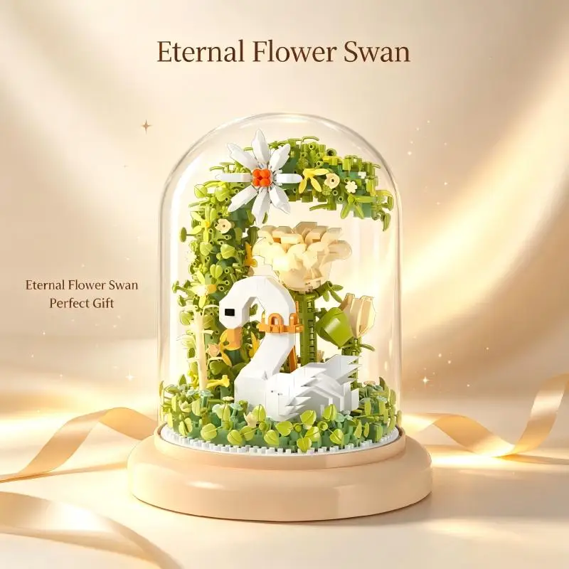 Swan Diorama Building Blocks, Transparent Protective Cover, DIY Assembly, Table Ornament, Ideal Gift For Model Fans.