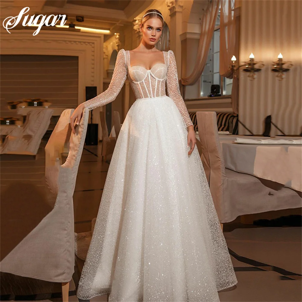 New Arrival Shiny Sweetheart Princess Wedding Dresses Long Sleeve Glitter Tulle Boho Bride Dresses Vestidos de novia 2022