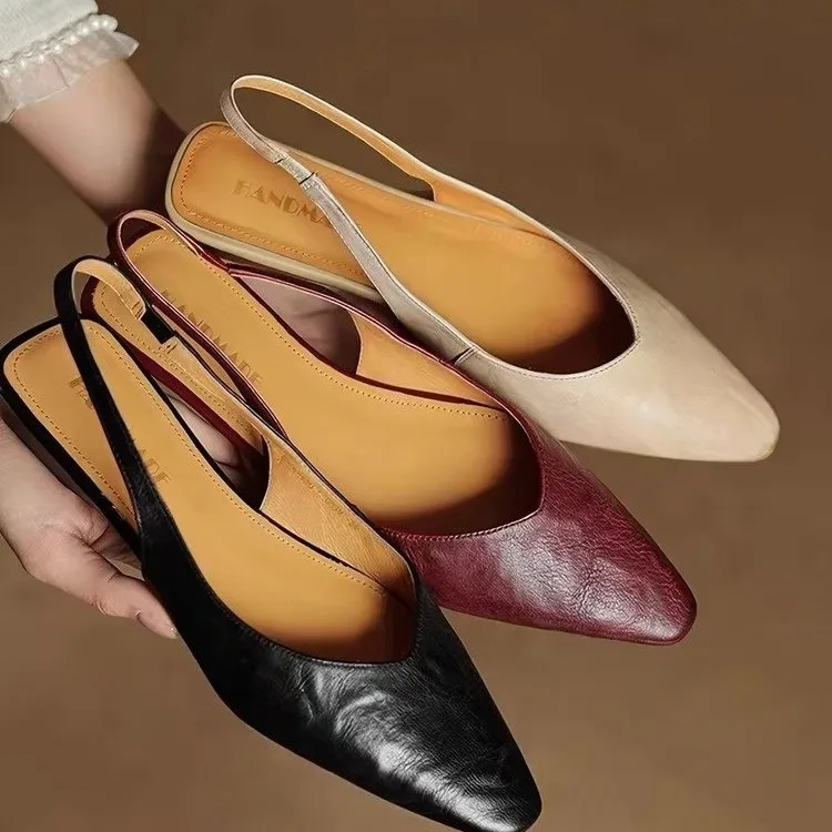Women's French Vintage Soft Leather Stylish Flat Sandals, Pointed Toe, New Backless Closed-Toe Shoes - view 2