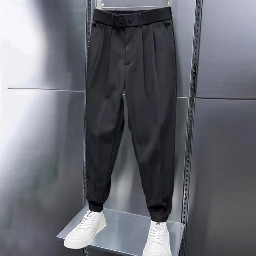 Elastic Waist Pants Men's Spring Fall Loose Harem Pants with Ankle-banded Elastic Waist Side Pockets Solid Color Suit Trousers