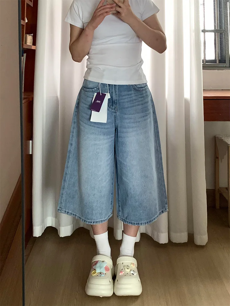 

plus Size Women's Vintage Wide Leg Jeans Capri Pants High Waist Korean Sle Commute Faion Pear ape Slimming orts