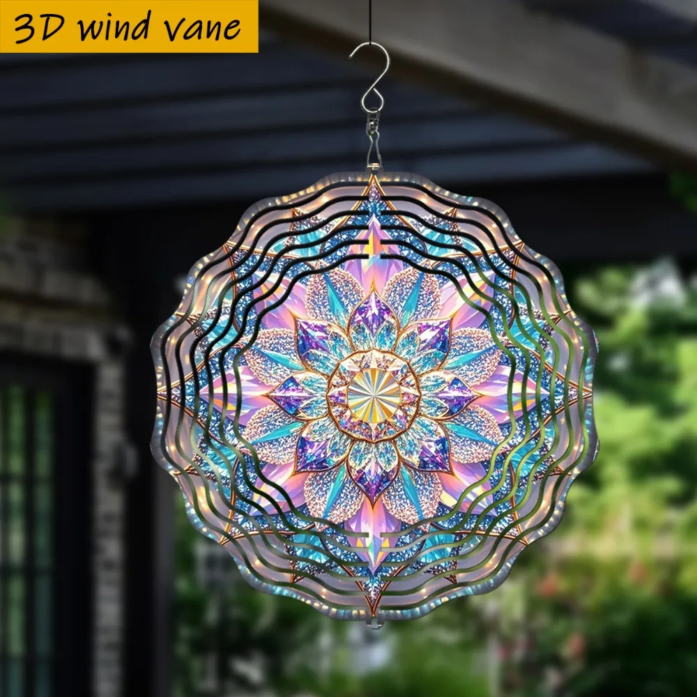 Hykol 10 Zoll 3D Hängender Kristall-Mandala-Windspinner, 360° °   Rotierender Haken, Lebendige Blau-Lila-Rosa-Gold Windskulptur für den Garten
