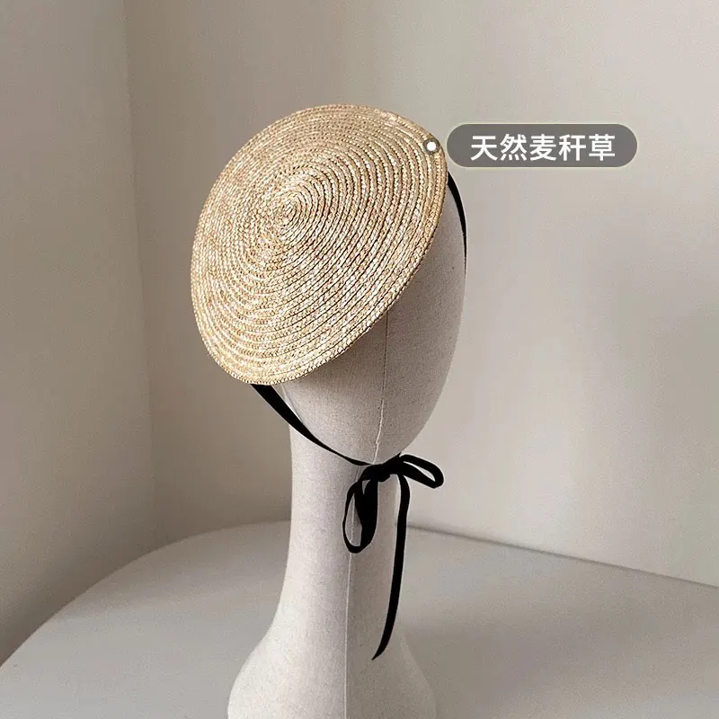New One Piece French Elegant Strap Natural Straw Fadora Hat For Woman Summer Vintage Photo Runway Vacation Hat With Black Ribbon