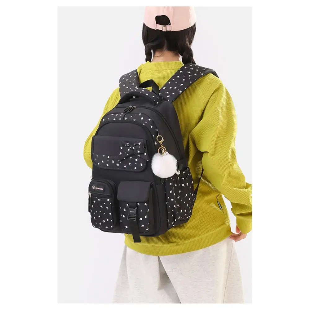 Durable Multicolor Bowknot Backpack Lightweight Large Capacity School Bag Flower Printed Ball Pendnat Shoulder Bag Student