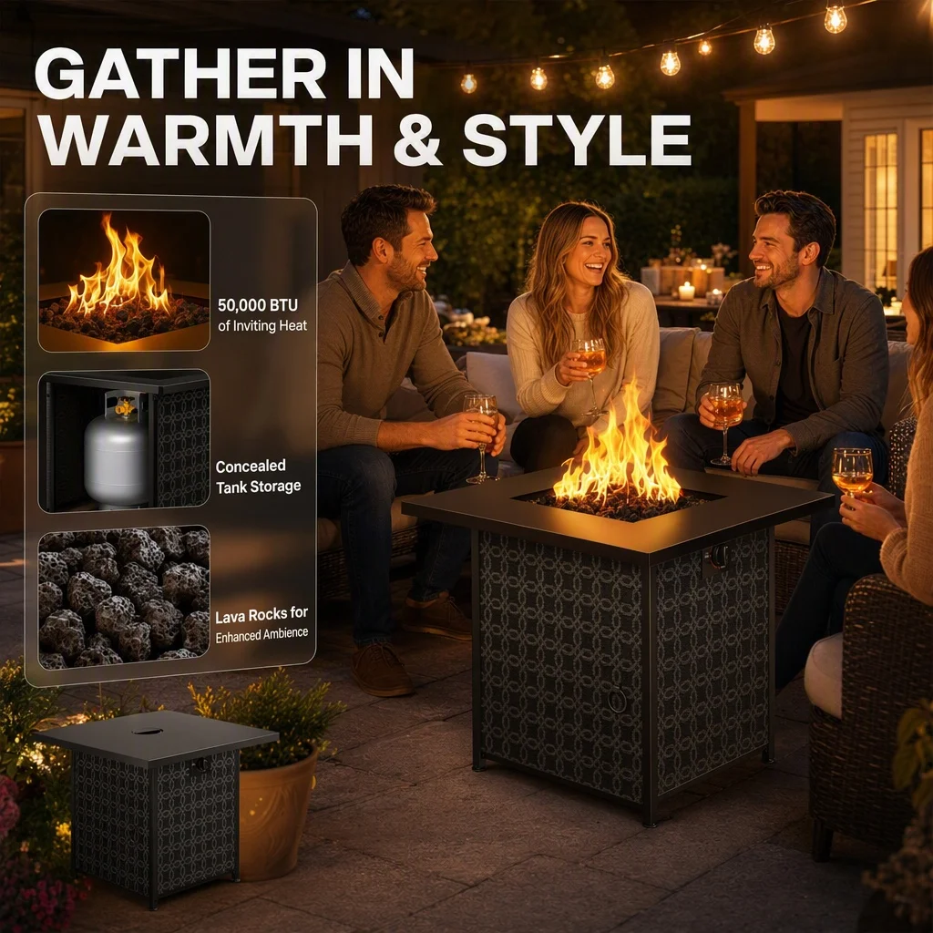 28 Inch Round Propane Fire Pit Table, 50,000 BTU CSA‑Certified Outdoor Gas Fire Pit with Removable Lid & Lava Rocks, 2‑in‑1 Fire Table for Patio Backyard Garden Party
