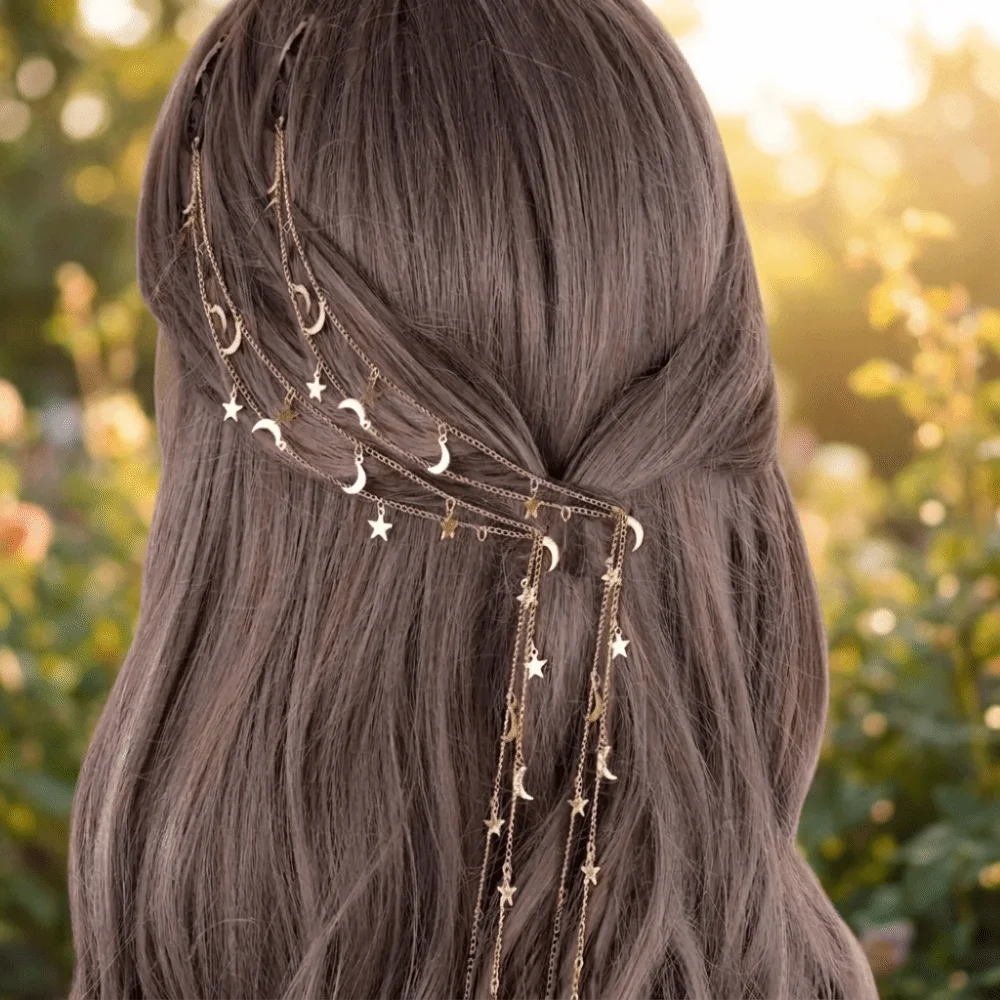 Trendy Moon Star Braided Hair Chain Boho Tassel Headpiece Elegant Gold Silver Hair Accessory Girls