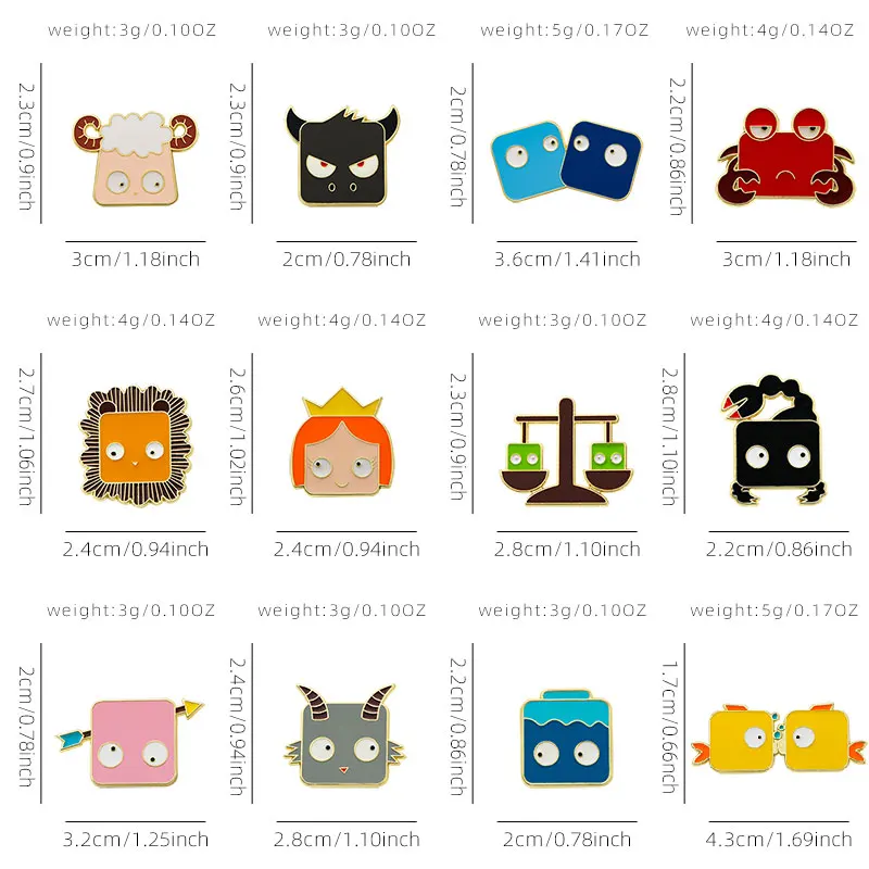 12 Novelty The Zodiac Animal Square Enamel Brooches Funny Ari Tau Gem Cnc Leo Vir Lib Sco Sgr Cap Aqr Psc Figure Golden Pins