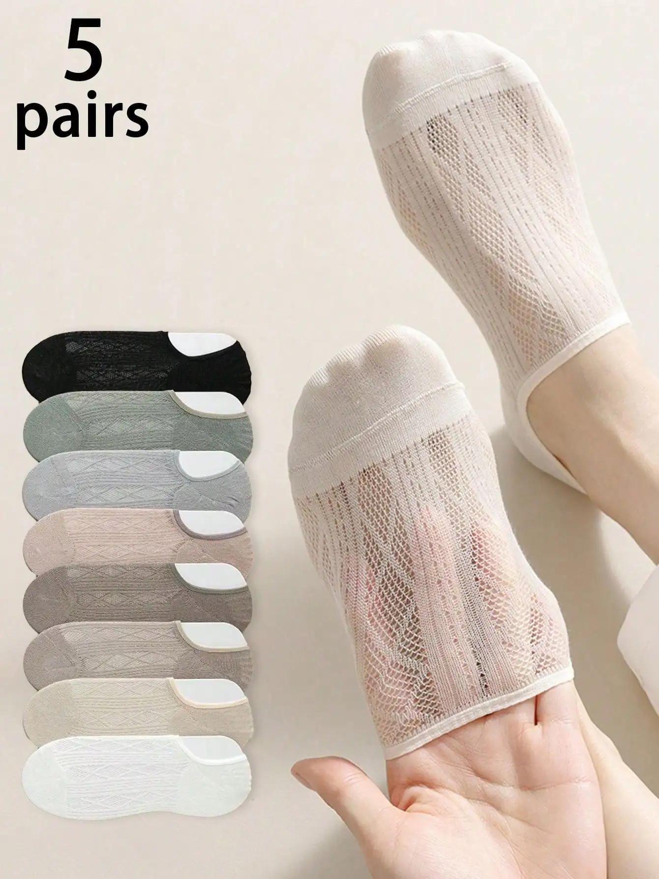 5 pares de calcetines de malla tipo barco, nuevos de primavera, con diseño invisible de boca poco profunda, estilo versátil y minimalista para uso diario.
