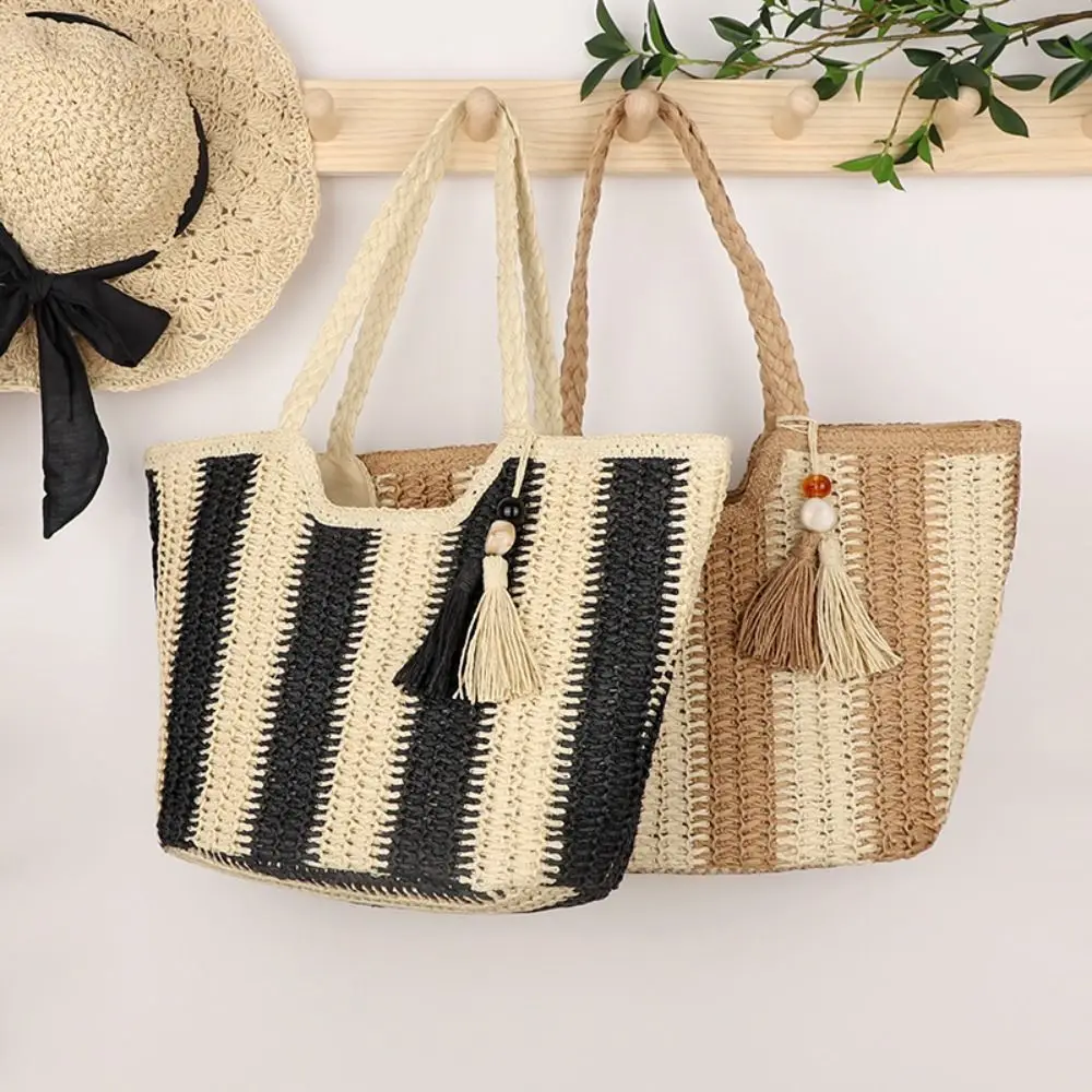 

Women Straw Woven Bag Casual Stripe Large Capacity Vacation Totes Bag Underarm Bag Square Beach Shoulder Bag