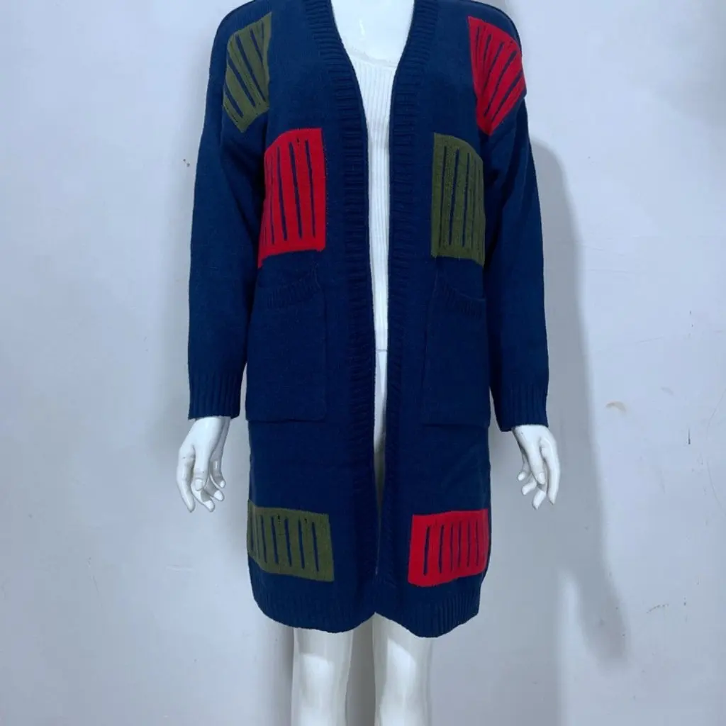 

Женский длинный вязаный кардиган с геометрическим рисунком, осень-зима, свободный крой в европейском и американском стиле с карманами, модный свитер