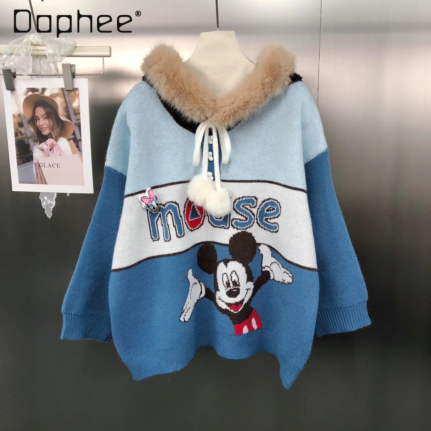 

American Retro Trend Cartoon Jacquard Color-Block Loose Pullover Sweater 2025 Autumn Winter Plush Hooded Sweater