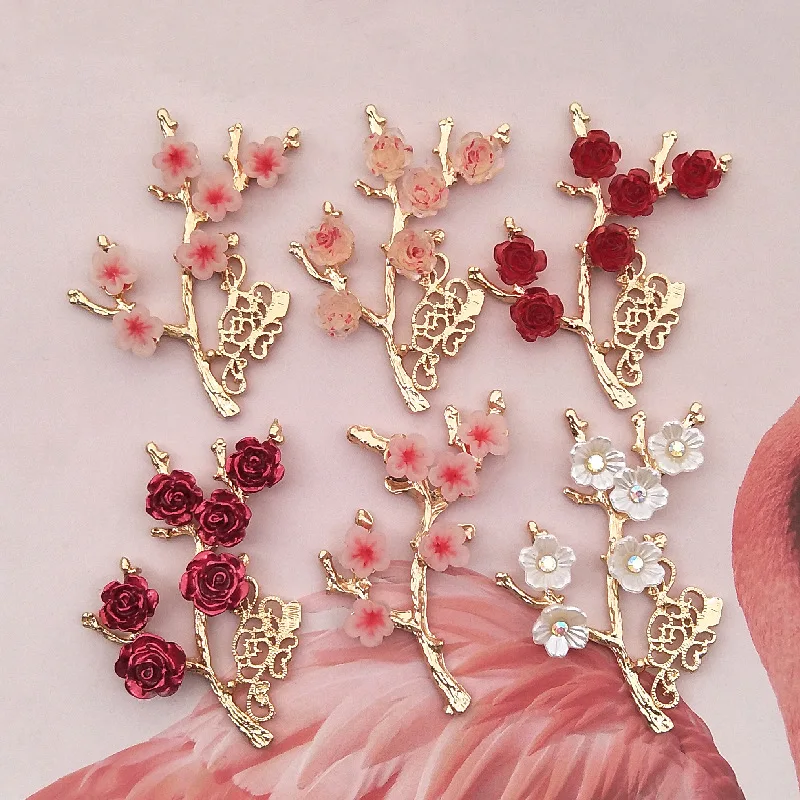 5 Pcs Resin Flower Alloy Rhinestone Pearl Branches Leaves Button For DIY Clothing Bag Plate Buckle Handmade Jewelry Accessories