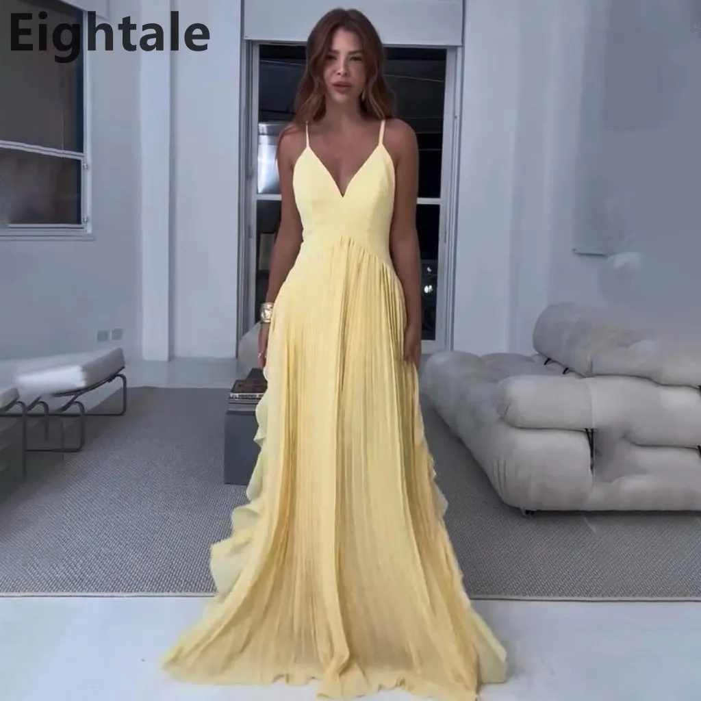 

Eightale 2025 Yellow A Line Chiffon Maxi Evening Dress Spaghetti Strapes Saudi Arabic Prom Dress Dubai Party Gown Customized