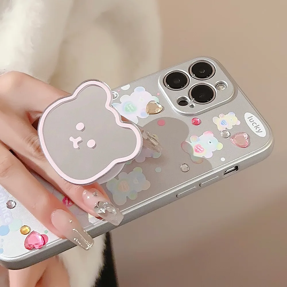 Silver Polka Dot Diamond Pink Bear Mirror Bracket Phone Case for IPhone 11 12 13 14 15 Promax Holder Cartoon Hanging Chain Cover