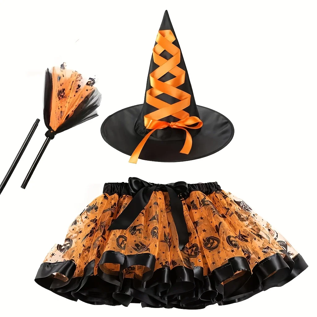 

Halloween witch dress set of 3-purple cloth skirt, pointed witch hat with flash broom accessories, suitable for role-playing and
