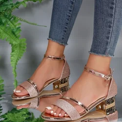 Shiny Gold Silver Women's Sandals Summer 2024 Crystal High Heels Party Shoes Woman Comfortable Thick Heel Slides Sandalias Mujer