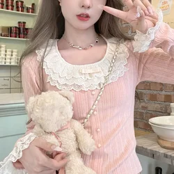 Nuovo stile giapponese Kawaii dolce top ragazze piccanti Lace Up manica lunga moda camicetta donna estetica carino stile coreano abbigliamento