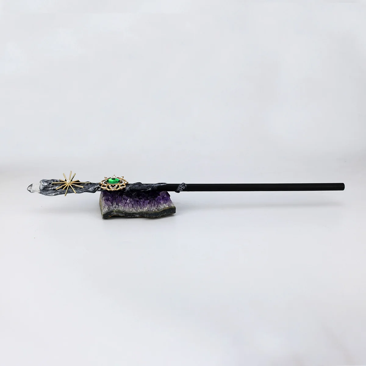 1pc Black Wooden Magic Wand Inlaid with Sun Star Green Crystal Ornaments Crystal Magic Stick