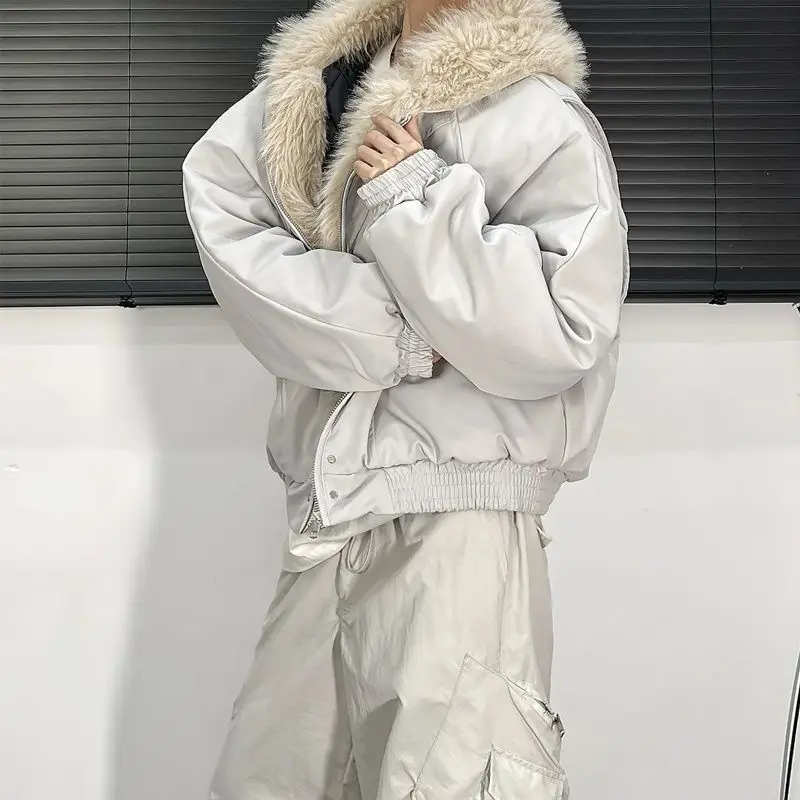 

Winter Thick Jacket American Retro Woolen Collar Hooded Cotton Plush Top Men Street Hip-Hop Gothic Harajuku Oversize Jacket Coat