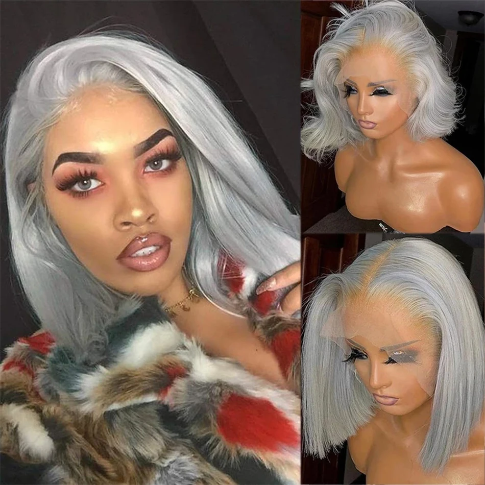 Silver Grey Short Straight Bob 13x4 Lace Front Wigs 230% Density Brazilian 100% Human Hair Transparent Lace Frontal Wig 14 Inch