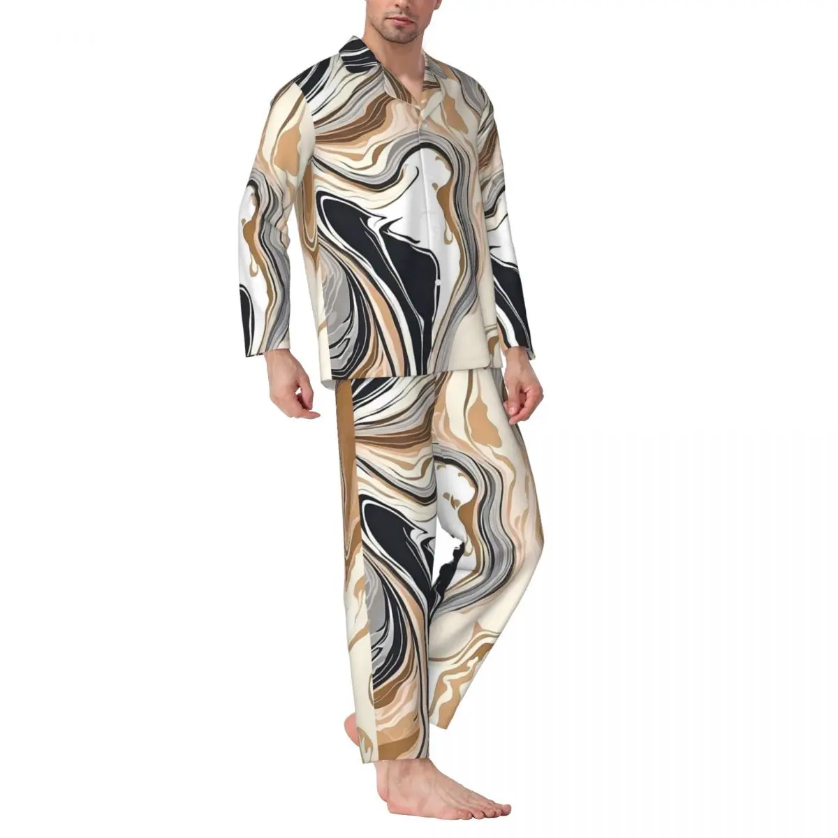 Pajamas Men Marble Canyon Print Leisure Sleepwear 2 Piece Vintage Pajama Sets Long Sleeve Lovely Oversized Home Suit