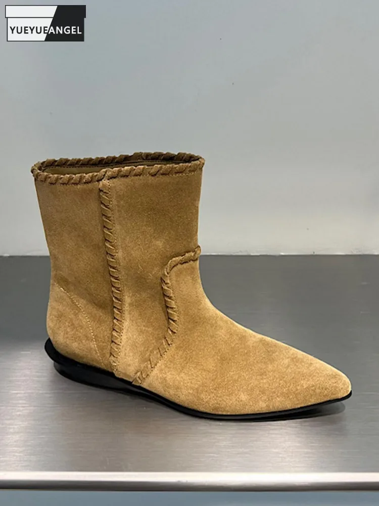 Concise Style Women low cut Cow Suede Leather Pointed Toe Slip On Ankle Boots Solid Color Female Comfortable Designer Footwear