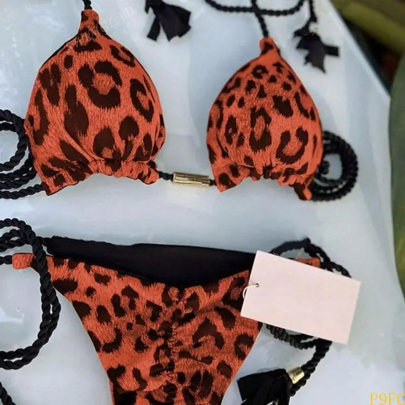 P9FC Women Push Up Swimwear Two Pcs Swimsuit Leopard Print Bathing Suit Swimming Costume Set Ladies Backless Swimwear