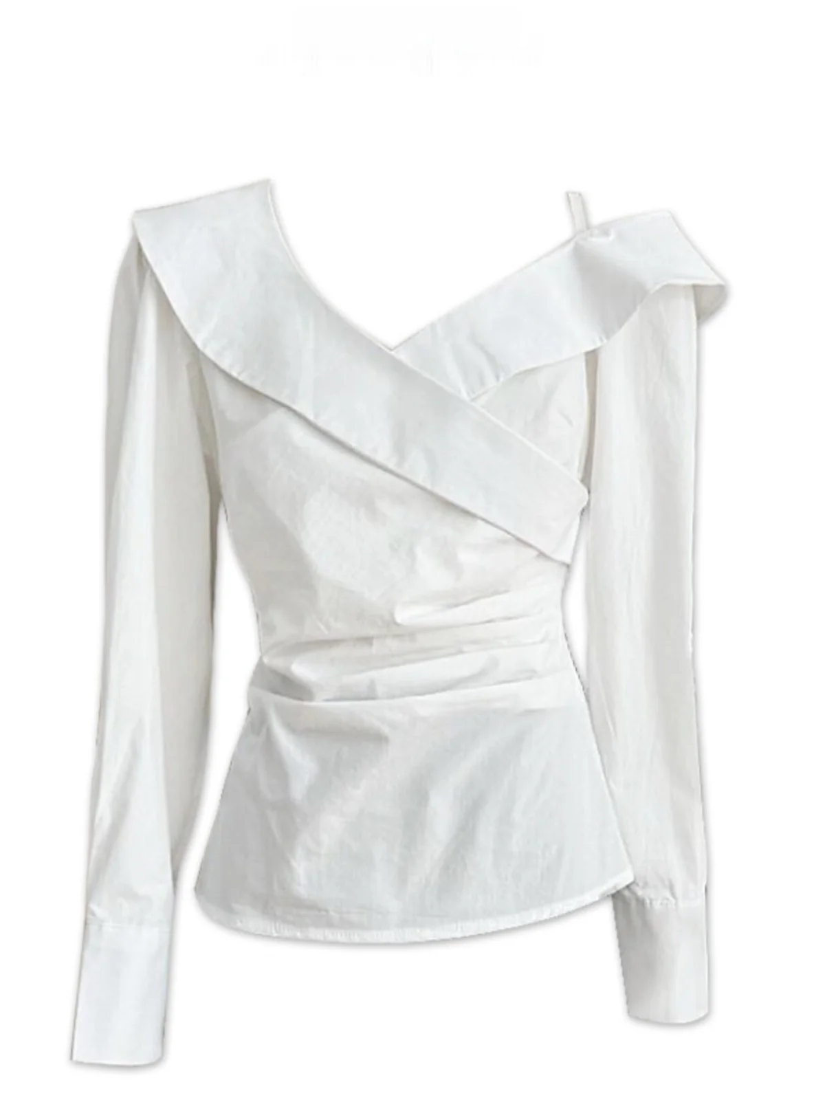 

Slim Fit Long Sve V-Ne oulder Bared irt Women's Faion French Sle White irt Waist Cinching Slimming Asymmetrica...