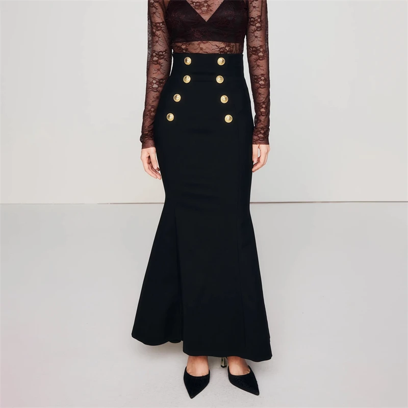 Spring new women's high-waisted double-breasted elastic slim-fit ruffledFishtail longSkirt high-quality fashionable casual skirt