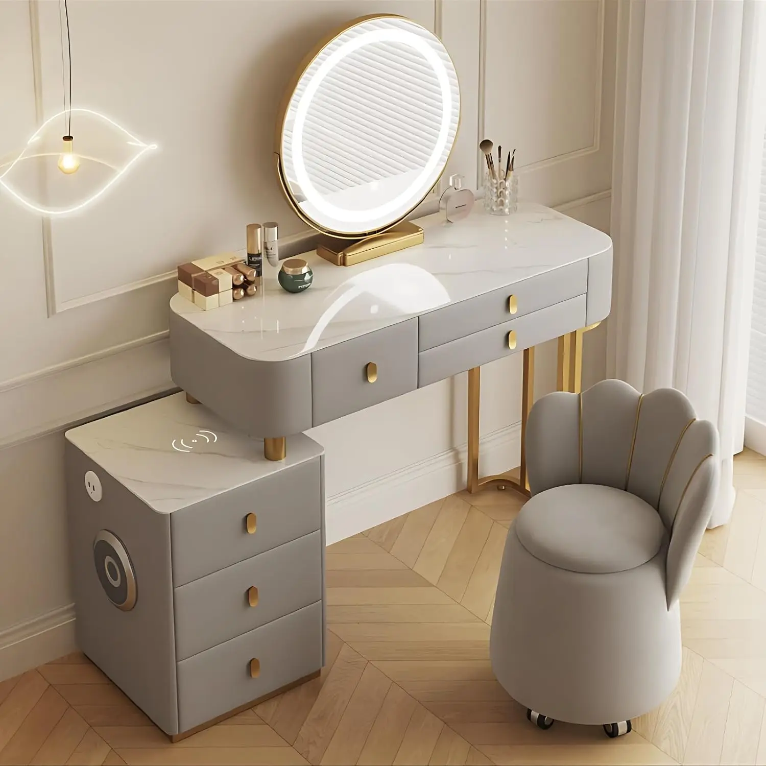 Modern Vani Table Set ty with LED Makeup Mirror Multi Layer Solid Wood Charging Port & Speaker Function for Stylish Makeup and n