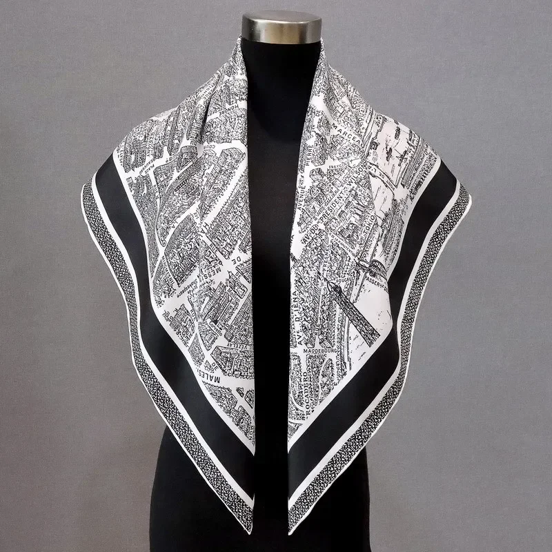 

High-end Elegant Women Exquisite Paris City Double Sided Print Quality 18MM Twill Silk Hand-rolled Edge Large Square Scarf Shawl