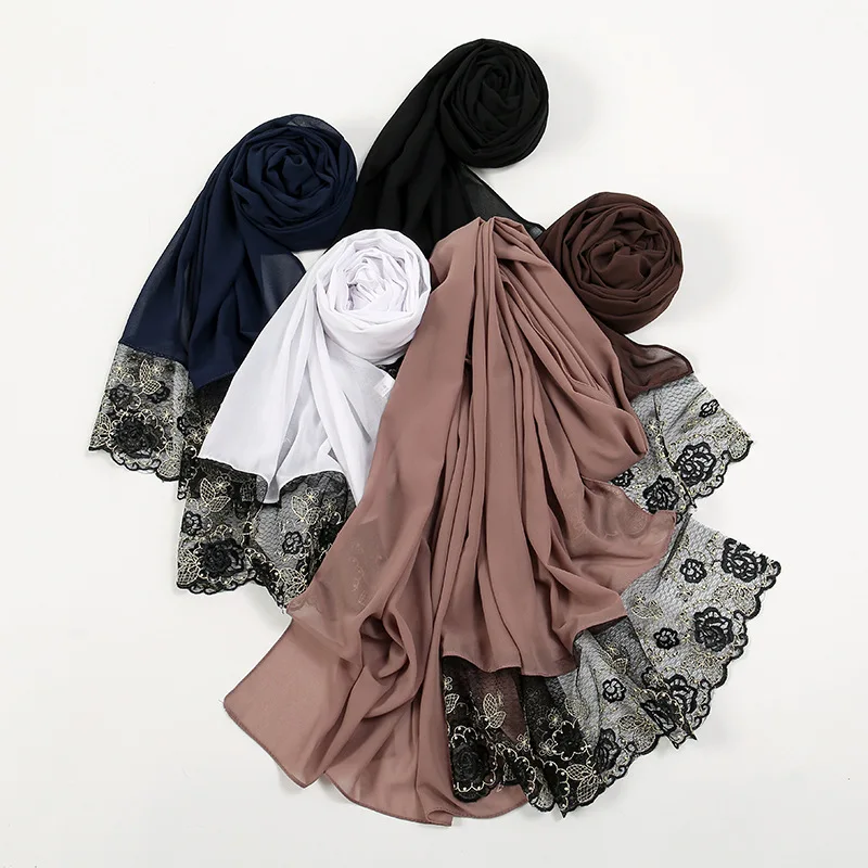 Lenço Chiffon Pérola Bolha para Mulheres, Hijab Muçulmano, Lenço de Renda, Estolas Islâmicas, Envoltório De Xales, Turbante Bufanda Foulard