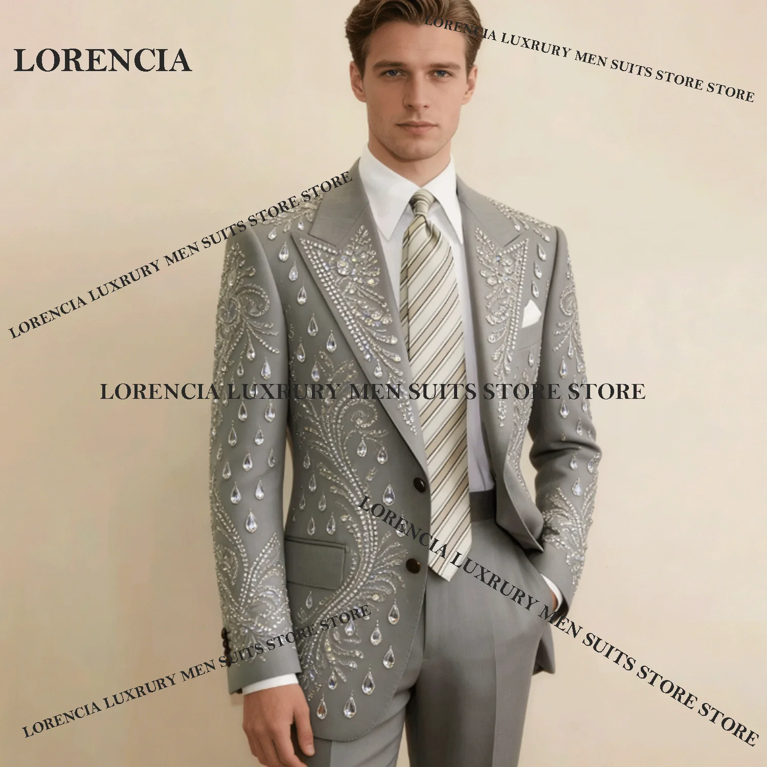 

Formal Beading Rhinestone Men Suits 2 Pieces Sets Male Party Blazers Customized Groom Wedding Tuxedos Slim Sequins Costume Homme