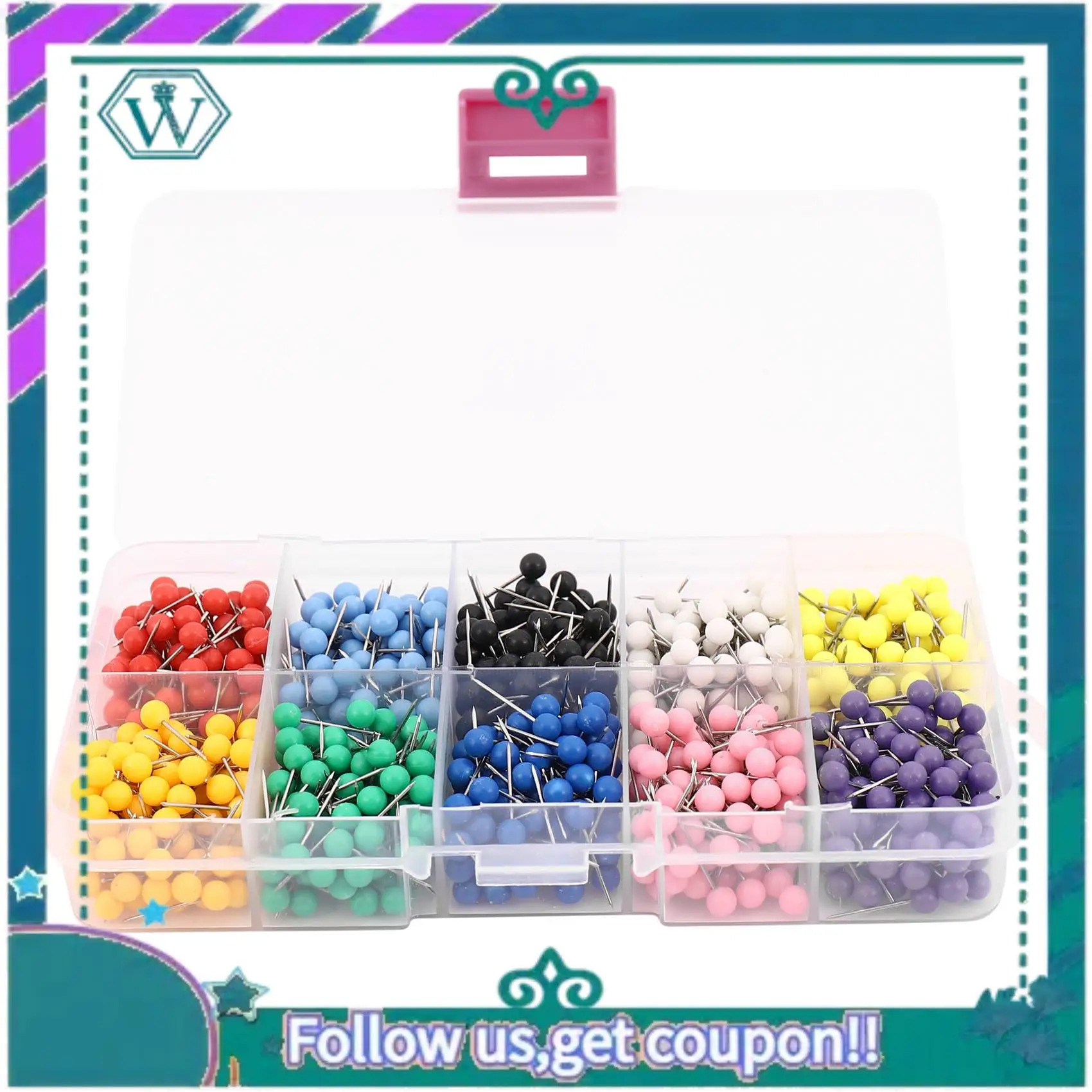 Upgraded 1000 Pieces 1/8 Inch Map Push Pins Map Tacks With Plastic Round Heads And Steel Needle Points 10 Colors (Each Color 100