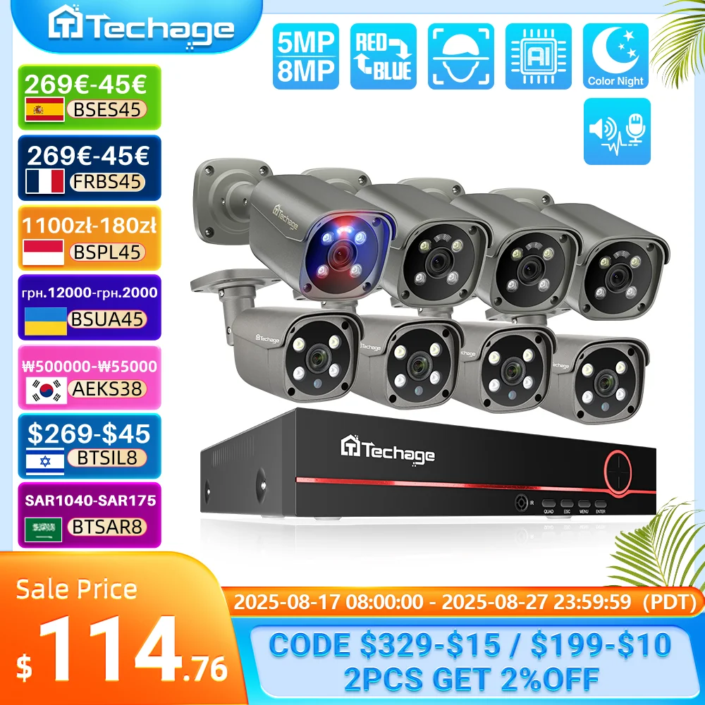 Techage 8CH 8MP 5MP POE Sistema di telecamere di sicurezza Visione notturna Rilevazione umana POE PTZ Telecamera Kit telecamera di sorveglianza di sicurezza esterna