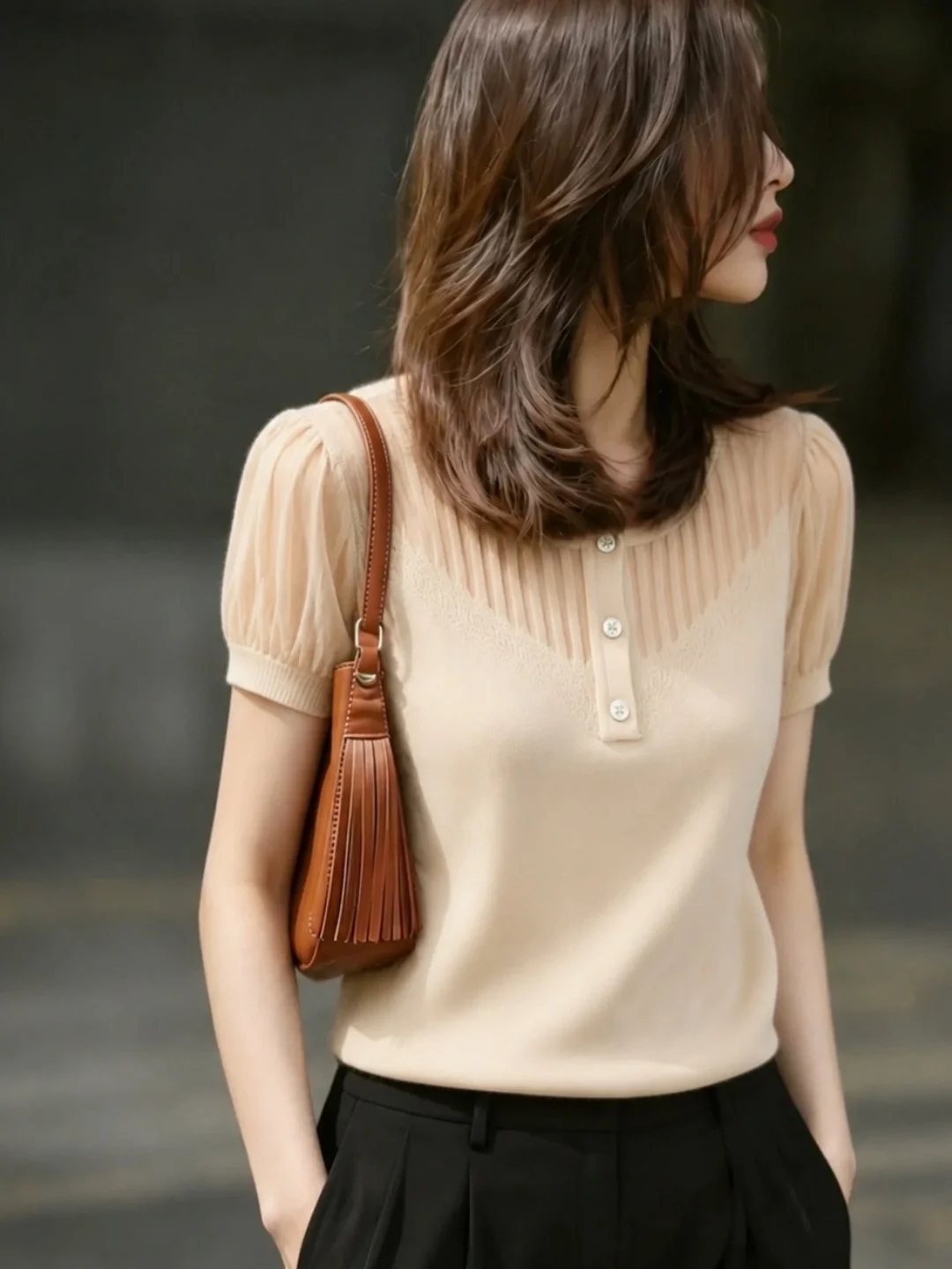 

Soft Knitted Ice Silk round Neck Mesh Splicing Commute Top Women's Summer Versatile Clothing Comfortable Design Sensation Sma...