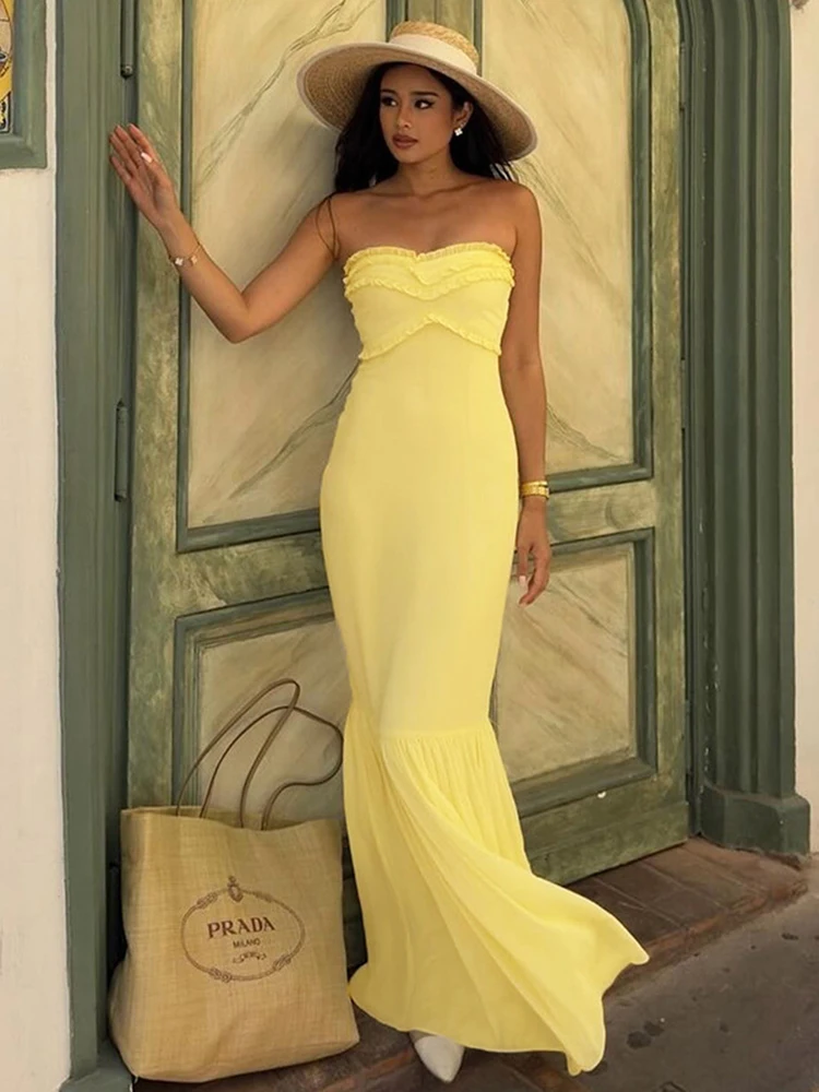 TARUXY Fungus-edged Tube Top Slim-fitting High-Waisted Fishtail Dress For Women Evening Party Long Dress Elegant Backless Sexy