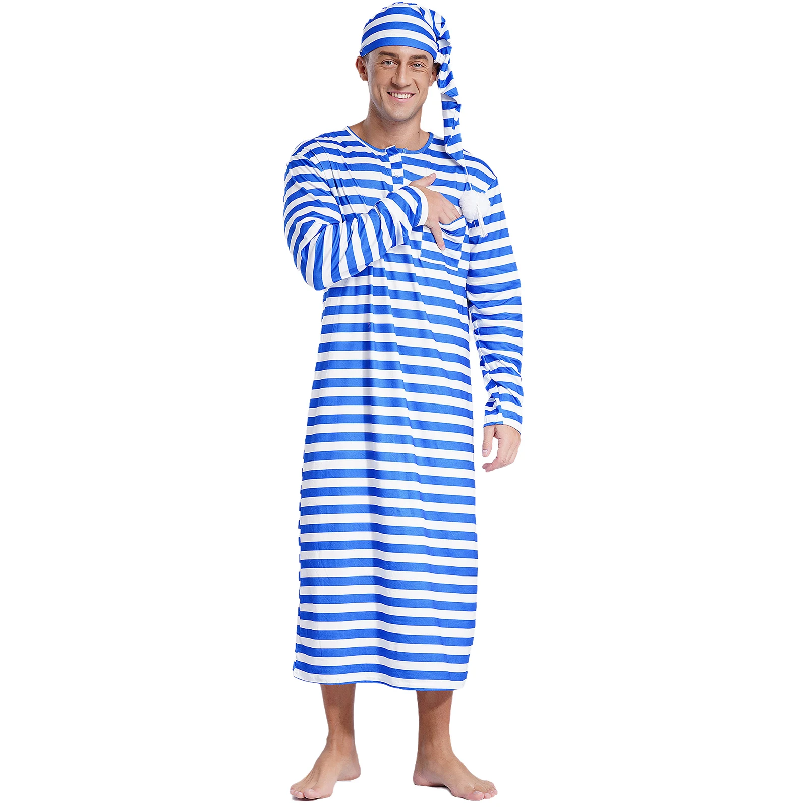 Men Adult Striped Sleep Robe Loose Long Sleeve Sleepwear Nightwear Comfy Nightgown Nightdress Casual Homewear with Pom-pom Hat