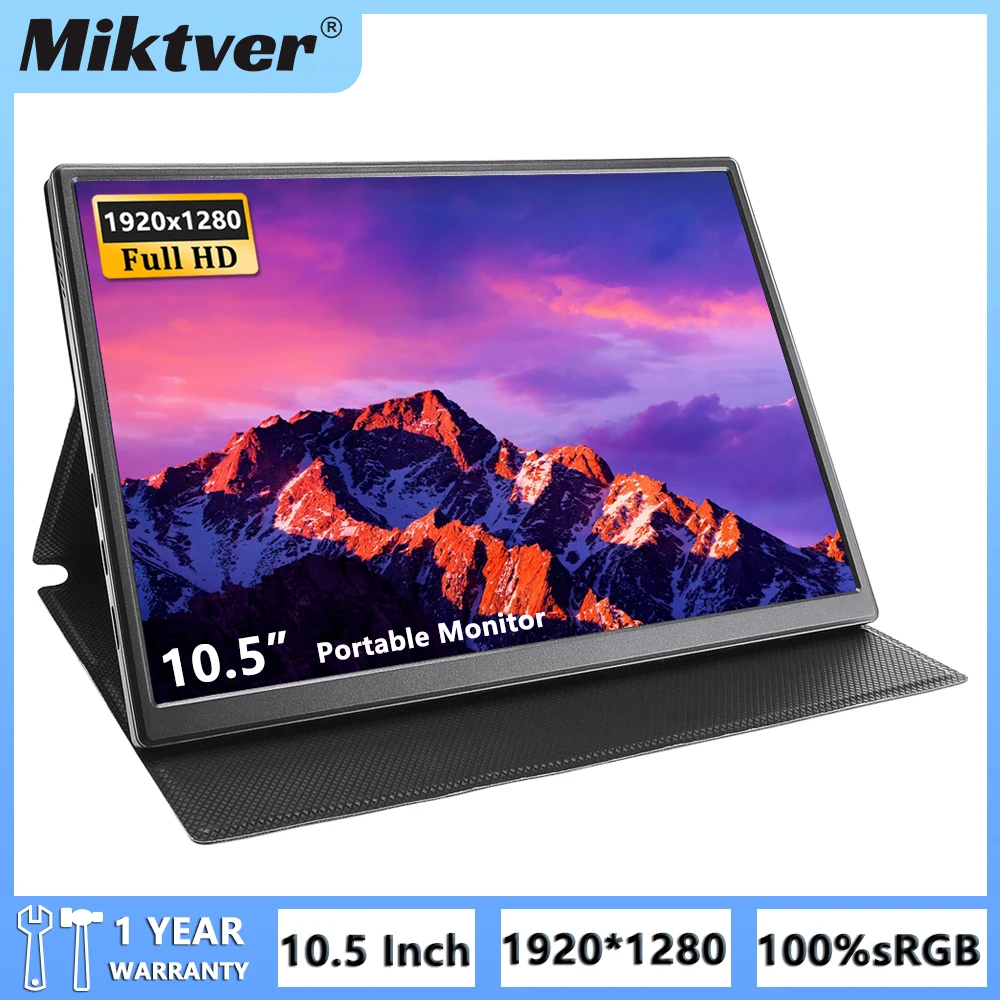 

Miktver 10,5-дюймовый HD 1920x1280 100% sRGB Портативный игровой монитор Без драйверов Type-C / HDMI Внешний дисплей для ПК Ноутбук Телефон PS4